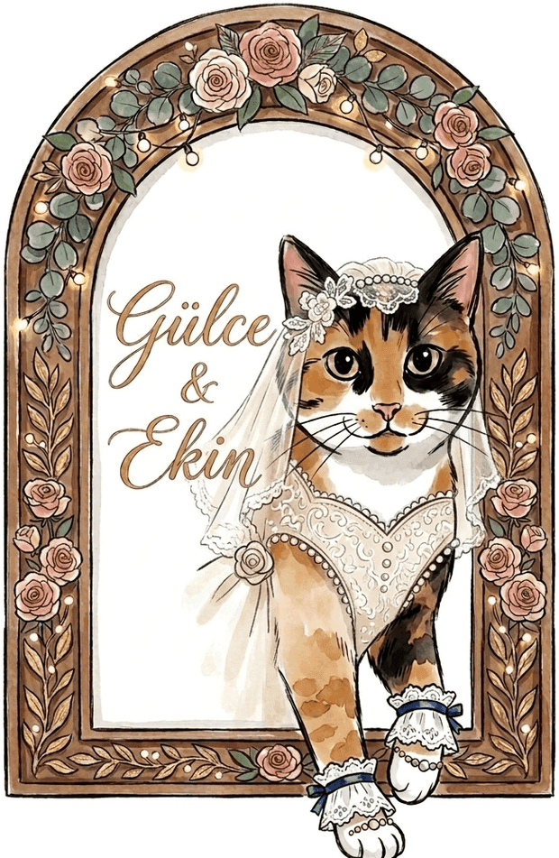 Çiçekli kemerin içinden bakan gelinlikli kedi ve “Gülce & Ekin” yazısı