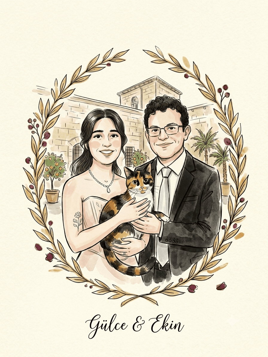 Gülce & Ekin — defne çelengi içinde kedileriyle birlikte çizilmiş illüstrasyon